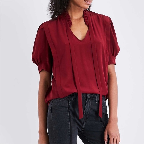 Sandro Phelia Burgundy Short Puff Sleeve Top Size 1 US S 100% Silk - Picture 1 of 9
